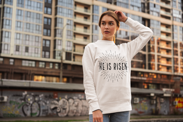 Faith Culture - He Is Risen Christian Crewneck Sweatshirt – White | Minimal Easter Resurrection Pullover