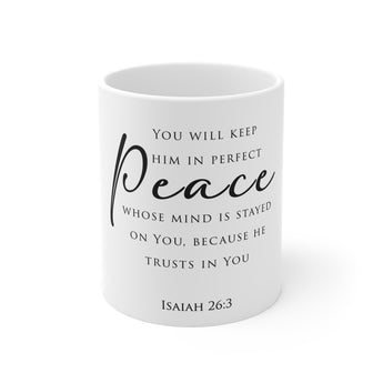 Faith Culture Perfect Peace Scripture Mug – White | Isaiah 26:3 Christian Coffee Cup