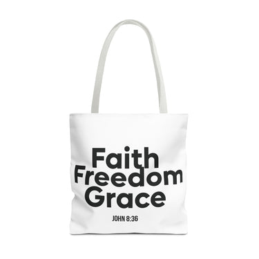 Faith Freedom Grace Christian Tote Bag | John 8:36 Bible Verse Gift 18" × 18'' White