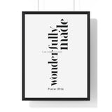Fearfully and Wonderfully Made framed Bible verse wall art inspired by Psalm 139:14, black frame with black and white scripture typography