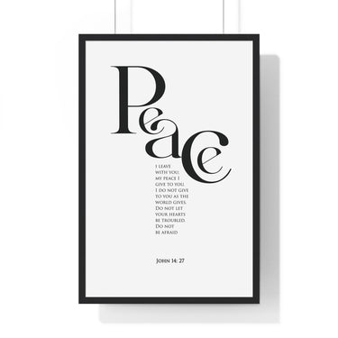 Peace framed Christian wall art inspired by John 14:27, black frame with black and white scripture typography