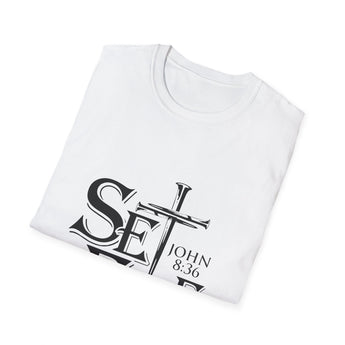 Faith Culture – Set Free John 8:36 Unisex T-Shirt – White | Bold Christian Tee with Cross Design
