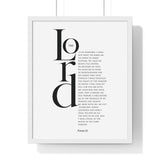 The Lord Is My Shepherd framed Bible verse wall art inspired by Psalm 23, white frame with black and white scripture typography