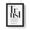 Trust in the Lord framed Bible verse wall art inspired by Proverbs 3:5, black frame with black and white scripture typography