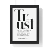 Trust in the Lord framed Bible verse wall art inspired by Proverbs 3:5, black frame with black and white scripture typography