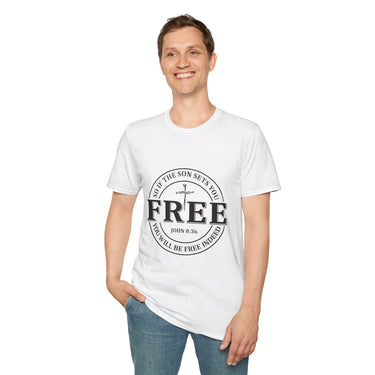 Faith Culture – Free Indeed Circle Emblem Unisex T-Shirt – White | Christian Freedom Tee with Cross Design & John 8:36