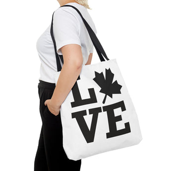 Faith Culture – LOVE Maple Leaf Tote Bag | Bold Minimalist Canadian-Inspired Carryall 18" × 18'' Black