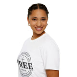 Faith Culture – Free Indeed Circle Emblem Unisex T-Shirt – White | Christian Freedom Tee with Cross Design & John 8:36