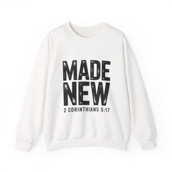 Faith Culture Made New Crewneck Sweatshirt – White | 2 Corinthians 5:17 Christian Pullover