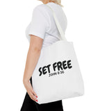 Faith Culture – Set Free Christian Tote Bag | John 8:36 Bible Verse Tote 16" × 16'' White