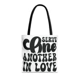 Faith Culture - Serve One Another in Love Christian Tote Bag - Inspirational Bible Verse Galatians 5:13 16" × 16'' Black