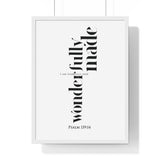 Fearfully and Wonderfully Made framed Christian wall art inspired by Psalm 139:14, black frame with black and white scripture typography