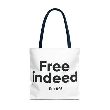 Free Indeed Christian Tote Bag | John 8:36 Bible Verse Gift 18" × 18'' Navy