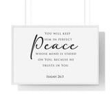Perfect Peace framed Bible verse wall art, Isaiah 26:3, black lettering on white with a white wooden frame