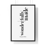 Fearfully and Wonderfully Made framed Christian wall art inspired by Psalm 139:14, black frame with black and white scripture typography