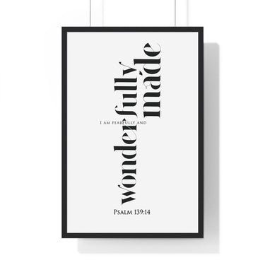 Fearfully and Wonderfully Made framed Christian wall art inspired by Psalm 139:14, black frame with black and white scripture typography
