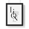 Like a Lion framed Bible verse wall art inspired by Proverbs 30:30, black frame with black and white scripture typography