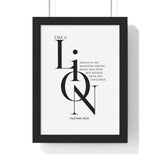 Like a Lion framed Bible verse wall art inspired by Proverbs 30:30, black frame with black and white scripture typography