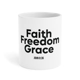 Faith Freedom Grace Christian Mug | John 8:36 Scripture Gift 20oz White