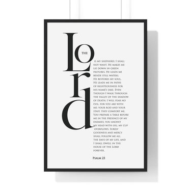 The Lord Is My Shepherd framed Christian wall art inspired by Psalm 23, black frame with black and white scripture typography
