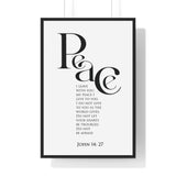 Peace Bold Verse framed Christian wall art inspired by John 14:27, black frame with black and white scripture typography