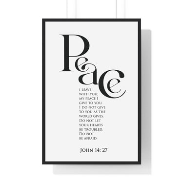 Peace Bold Verse framed Christian wall art inspired by John 14:27, black frame with black and white scripture typography