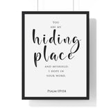 My Hiding Place framed Christian wall art inspired by Psalm 119:114, black frame with black and white scripture typography