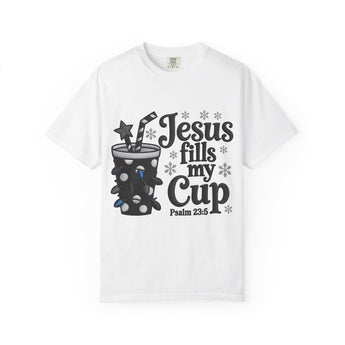 Faith Culture - Jesus Fills My Cup Christian Christmas T-Shirt – White | Psalm 23:5 Winter Mug Tee