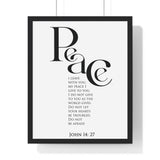 Peace Bold Verse framed Christian wall art inspired by John 14:27, black frame with black and white scripture typography