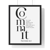 Commit Your Plans framed Christian wall art inspired by Proverbs 16:3, black frame with black and white scripture typography