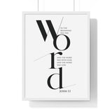 In the Beginning Was the Word framed Christian wall art inspired by John 1:1, black frame with black and white scripture typography