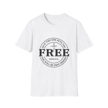 Faith Culture – Free Indeed Circle Emblem Unisex T-Shirt – White | Christian Freedom Tee with Cross Design & John 8:36