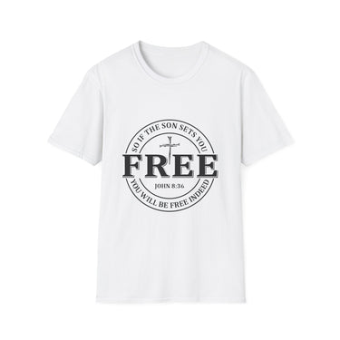 Faith Culture – Free Indeed Circle Emblem Unisex T-Shirt – White | Christian Freedom Tee with Cross Design & John 8:36