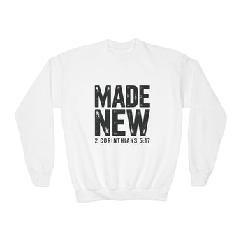 Faith Culture Made New Youth Crewneck Sweatshirt – White | 2 Corinthians 5:17 Christian Kids Sweatshirt