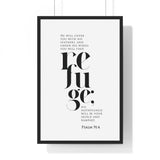 Under His Wings framed Christian wall art inspired by Psalm 91:4, black frame with black and white scripture typography