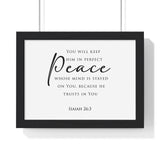 Perfect Peace framed Christian wall art, Isaiah 26:3, black lettering on white with a black wooden frame