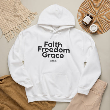 Faith Freedom Grace Christian Hoodie | John 8:36 Bible Verse Apparel