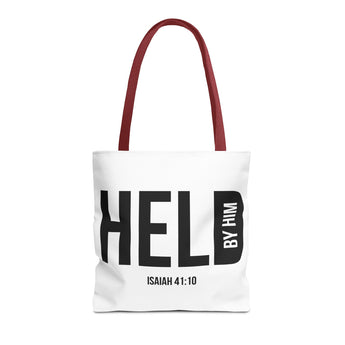 Faith Culture Held by Him Tote Bag | Isaiah 41:10 Christian Faith Tote