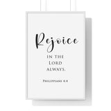 Rejoice in the Lord framed Christian wall art inspired by Philippians 4:4, white frame with black and white scripture typography