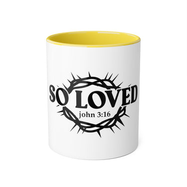Faith Culture - So Loved John 3:16 Accent Mug – White and Black | Crown of Thorns Christian Coffee Cup (11oz) Yellow 11oz