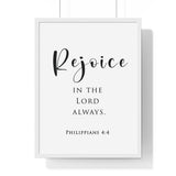 Rejoice in the Lord framed Christian wall art inspired by Philippians 4:4, white frame with black and white scripture typography