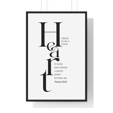 Create in Me a Clean Heart framed Christian wall art inspired by Psalm 51:10, black frame with black and white scripture typography