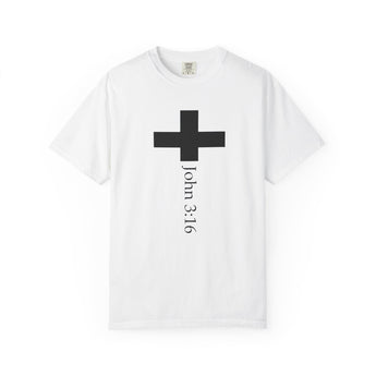 Faith Culture - John 3:16 Cross Garment Dyed T Shirt – White | Comfort Colors Christian Tee