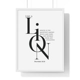 Like a Lion framed Christian wall art inspired by Proverbs 30:30, white frame with black and white scripture typography