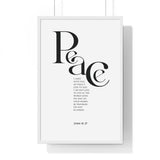 Peace framed Christian wall art inspired by John 14:27, white frame with black and white scripture typography