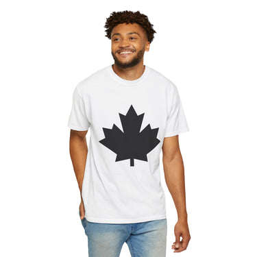 Faith Culture - Bold Black Maple Leaf Unisex T-Shirt – White | Minimalist Canadian Pride Tee