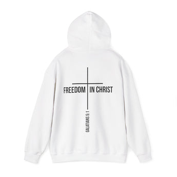 Freedom in Christ Back Print Christian Hoodie | Galatians 5:1 Scripture Apparel White