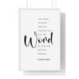 The Word Endures Forever framed Christian wall art inspired by Isaiah 40:8, white frame with black and white scripture typography