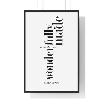 Fearfully and Wonderfully Made framed Christian wall art inspired by Psalm 139:14, black frame with black and white scripture typography
