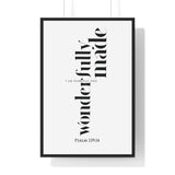 Fearfully and Wonderfully Made framed Christian wall art inspired by Psalm 139:14, black frame with black and white scripture typography